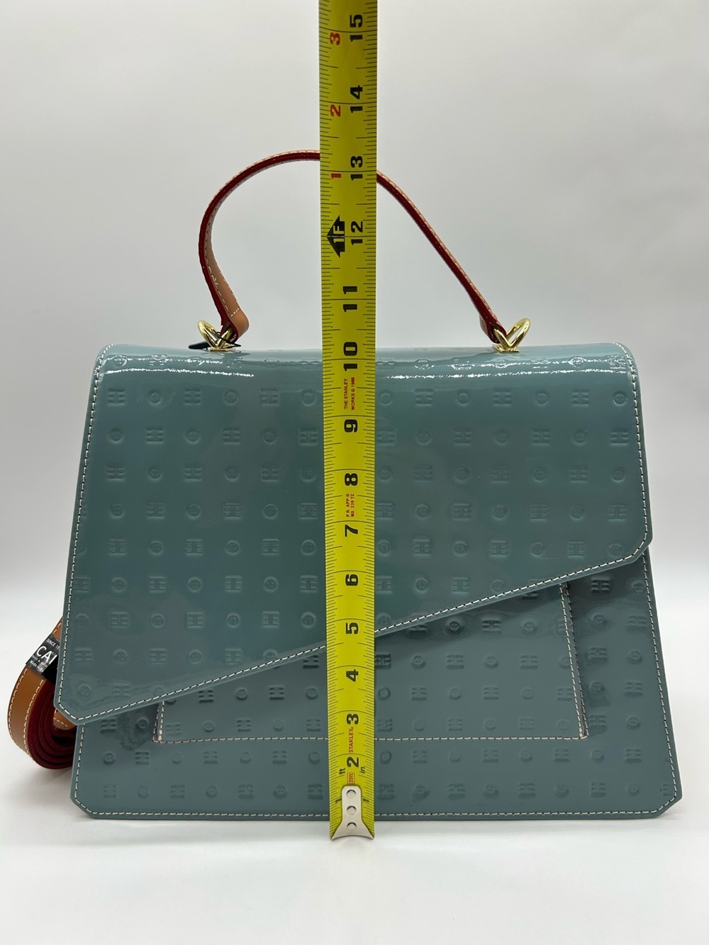 Arcadia Patent Leather Crossbody Bag Blue Tan Made in Italy New With Tag - Picture 11 of 15